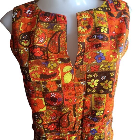 Small True Vintage 1970s Floral Patchwork Sleeveless Tunic Dress Boho Handmade - Picture 1 of 7